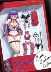 1girls action_figure ball_gag bikini blue_eyes bondage boots buttplug commission commission_art commissioner_upload discochocolate doll_box dollification drooling fate/grand_order fate_(series) fingerless_gloves gagged handcuffs high_heel_boots in_box in_container in_doll_box lingerie long_gloves long_hair necklace purple_hair red_boots riding_crop saint_martha saint_martha_(swimsuit_ruler) sandals sex_toy strap-on tagme thigh_band thigh_strap