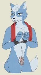 anthro blue_body blue_fur canid canine chastity_cage chastity_device cuff_(restraint) fox fur handcuffs hi_res male mammal marcus_mccloud metal_cuffs nintendo restraints solo solo_focus star_fox wolfamiibo worried