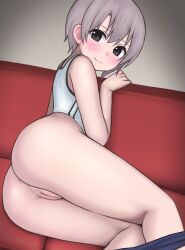 anus ass blush buruma buruma_pull closed_mouth couch female highres idolmaster idolmaster_cinderella_girls looking_at_viewer looking_back lying nuclear_cake on_couch on_side otokura_yuuki pussy solo sports_bra sportswear thighs uncensored white_sports_bra