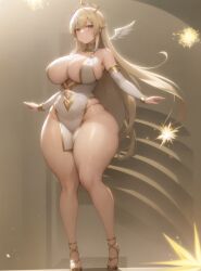 ai_generated angel angel_wings big_breasts blonde_hair breasts chubby gold_(metal) gold_hair heaven heavenly_ass huge_breasts long_hair thick thick_ass thick_legs thick_thighs