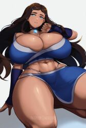 1girls abs avatar_the_last_airbender big_breasts blue_eyes boob_squish brown_hair commission_art katara long_hair no_background noxcuro pinup tagme tanned_female tanned_skin thick_legs thick_thighs