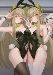 2girls arknights blush bunny_ears bunnysuit elf elf_ears female female_only green_hair light-skinned_female light_skin medium_breasts muelsyse_(arknights) sktre12 winking_at_viewer