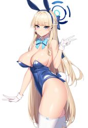 1girls blonde_hair blue_archive blue_eyes breasts bunny_ears bunny_girl bunnysuit chixiao cleavage female halo large_breasts long_hair peace_sign simple_background slim_waist thighhighs thighs toki_(blue_archive) toki_(bunny)_(blue_archive)