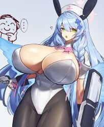 1girls blue_archive blue_hair breasts bunny_ears bunnysuit green_eyes huge_breasts light-skinned_female looking_at_viewer melon22 melonnyinyi mine_(blue_archive) rabbit_ears solo tagme