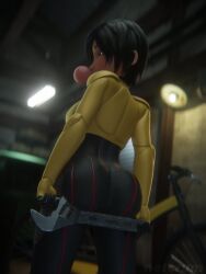 1girls 3d armor asian asian_female ass ass_focus bicycle big_ass big_hero_6 bike black_hair blender bodysuit bottomwear bubble_ass bubble_butt bubble_gum chewing_gum clothed clothing detailed_background disney female female_focus female_only gogo_tomago jacket leggings legwear light-skinned_female light_skin looking_at_viewer looking_back marvel marvel_comics netcrum pose posing presenting presenting_ass rear_view solo solo_focus standing thick_ass tool topwear watermark workshop