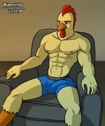 abs alkan anthro avian big_pecs bird brown_eyes bulge chicken clothed clothing detailed_bulge fur furniture galliform gallus_(genus) genital_outline henry(character) hi_res male muscular muscular_anthro muscular_male navel nipples on_sofa pecs penis_outline phasianid sitting sitting_on_sofa sofa solo underwear underwear_only yellow_body yellow_fur