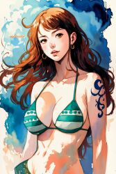 ai_generated artist_request breasts female female_only nami nami_(one_piece) one_piece orange_hair post-timeskip shounen_jump tattoo watercolor_(artwork)