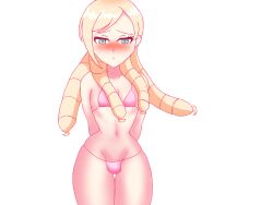 1boy bare_thighs bikini blonde_hair blush drill_hair femboy fire_emblem fire_emblem_fates forrest_(fire_emblem) frown grey_eyes long_hair looking_at_viewer male male_only micro_bikini nintendo penis_bulge pink_bikini shedinja33 solo thick_thighs thighs wide_hips