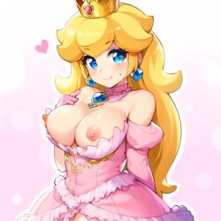 1girls ai_generated areolae breasts breasts_out exposed_breasts female female_only looking_at_viewer mario_(series) medium_breasts nintendo nipples pink_dress princess_peach qmai solo solo_female