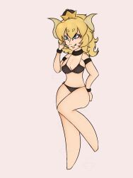 1girls big_breasts bikini blonde_hair blue_eyes bowsette breasts choker fangs female female_only looking_at_viewer mario_(series) new_super_mario_bros._u_deluxe semi-clothed sharp_teeth solo swimsuit unknown_artist