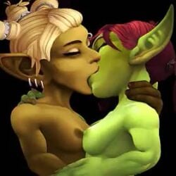 2girls 3d animated blizzard_entertainment blonde_hair female female_only goblin goblin_(warcraft) goblin_female green_skin kissing loop no_sound original_character red_hair tagme video vixella_vexfire warcraft world_of_warcraft wreckerscartel yuri