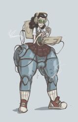 1girls backpack big_ass big_thighs braces brown_hair cybernetics cyberpunk_2077 goggles headphones huge_ass huge_thighs leaking nerd oc original original_character putricia skirt solo solo_female steaming tablet tagme wet wet_pussy wires