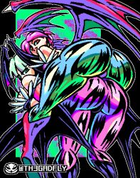 2demons 2girls ass big_ass big_butt capcom clothing darkstalkers fat_ass female female_only green_hair head_wings huge_ass huge_butt large_ass light_purple_hair lilith_aensland looking_back morrigan_aensland pixel_art rear_view sisters succubus th3gadfly