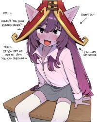 1girls animal_ears blush clothed desk hat league_of_legends looking_at_viewer lulu_the_fae_sorceress ohasi purple_eyes purple_hair school_uniform sitting small_breasts smile socks solo sweat text yordle