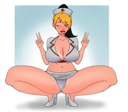 1girls 2023 big_breasts black_hair blonde_hair blue_eyes exposed_midriff female female_only heels nurse nurse_cap nurse_uniform oc one_eye_closed original original_character peace_sign pranky pussy_peek red_lipstick solo tanline thick_thighs tiffany_oxley two_tone_hair upskirt