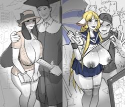 69_(artist) before_and_after breasts breasts_out cleavage comparison cosplay exhibitionism exposed_breasts female female_focus gilf graduation huge_breasts mature_female nipples older_female shirt_lift short_dress short_skirt skirt slutty_outfit