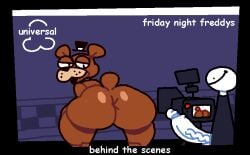 animatronic anthro anus ass bear bent_over big_butt big_penis black_clothing black_hat black_headwear black_top_hat brown_body camera clothing digital_media_(artwork) duo empty_eyes english_text five_nights_at_freddy's freddy_(fnaf) freddy_fazgyatt genitals half-closed_eyes hat headgear headwear huge_cock humanoid logo logo_parody machine male mammal narrowed_eyes penis presenting presenting_hindquarters robot scottgames smile superiorfox text thick_thighs top_hat vein veiny_penis white_body