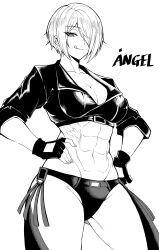 abs angel_(kof) athletic athletic_female black_and_white breasts hair_over_one_eye hands_on_hips jacket king_of_fighters light-skinned_female looking_at_viewer looking_down muscular muscular_female short_shorts shorts thighs white_hair yones81239278