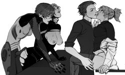 2girls angela_ziegler biting_lip blackwatch_moira breasts_out greyscale mercy moira monochrome overwatch overwatch_2 scubaby sex short_hair strap-on torn_clothes yuri