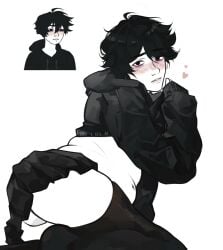 1boy black_hair blush charluiu chubby crossover dark_hair doomer_boy femboy hoodie long_sleeves looking_at_viewer male male_focus male_only short_hair skirt solo solo_male thighhighs wojak_comics