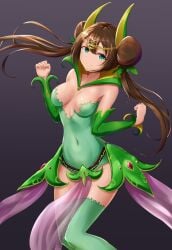 1girls black_background breasts brown_hair cosplay double_bun female game_freak gen_5_pokemon green_eyes green_thighhighs grey_background hair_between_eyes hair_bun jojobirdz lamia looking_at_viewer medium_breasts monster_girl nintendo pokemon pokemon_(cosplay) pokemon_bw2 rosa_(pokemon) serperior_(cosplay) simple_background smile solo thighhighs tiara twintails