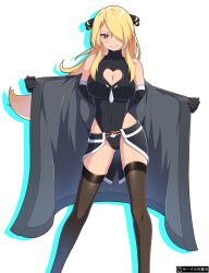 1girls belt belt_buckle beltskirt black_coat black_leotard blonde_hair breasts cleavage cleavage_cutout clothing_cutout coat covered_navel cynthia_(pokemon) elbow_gloves female female_only fully_clothed gloves grey_eyes hair_ornament hair_over_one_eye heart_cutout highleg highleg_leotard large_breasts leotard long_hair looking_at_viewer madoka_(user_zrnk8278) nintendo open_coat pokémon pokemon pokemon_champion pokemon_dppt revealing_clothes showgirl_skirt stockings tight_clothing turtleneck_leotard