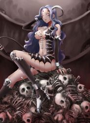 blue_hair boots breasts cosplay creepy demon_tail elite_four facial_mark female fingerless_gloves forehead_mark gloves hands_in_hair high_heels horns houndoom_(cosplay) jojobirdz karen_(pokemon) knee_boots large_breasts long_hair navel nintendo pokemon pokemon_(cosplay) pokemon_hgss skeleton skull tail yellow_eyes