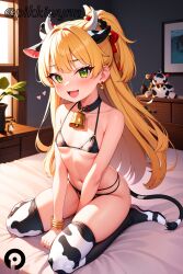 :d ai_generated animal_ears animal_print bangs bare_shoulders bell between_legs bikini black_bikini blonde_hair blush bracelet breasts collarbone cow_ears cow_horns cow_print cow_tail cowbell earrings fake_animal_ears female green_eyes hair_ornament heart horns idolmaster indoors jewelry jougasaki_rika long_hair looking_at_viewer navel neck_bell oerba_yun_fang on_bed open_mouth pikkiwynn sitting small_breasts smile solo stomach swimsuit tail thighhighs two_side_up wariza