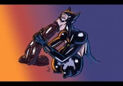 :>= batman_(series) blowjob catwoman closed_eyes dark-skinned_male dark_skin dc dc_comics female_focus hands_around_penis interracial ivoryjyz large_breasts large_penis nipples_visible_through_clothing selina_kyle testicles tight_clothing