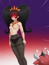 1boy 1girls :< aged_up arms_at_sides ashley_(warioware) big_hair black_hair black_panties bow_panties breasts closed_mouth demon_horns emphasis_lines feet_out_of_frame female flying_sweatdrops glowing_eye gradient_background hairband horns long_hair looking_at_another mario_(series) navel neckerchief nintendo nipples no_bra orange_hairband panties_under_pantyhose pantyhose red_(warioware) red_eyes see-through see-through_clothing sidelocks size_difference sleepiitreat small_breasts standing stomach sweat topless topless_female twintails warioware