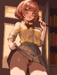 1girls 2d biting_lip black_skirt blush brown_hair clothing female female_only flashing green_eyes indoors light-skinned_female light_skin looking_at_viewer lux_(thisislux) no_panties penny_(stardew_valley) pixel_art pixelated pubic_hair pussy shirt short_hair skirt skirt_lift solo spread_legs stardew_valley wide_hips