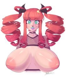 1girls big_breasts breasts choker drill_hair female female_only fishnets green_eyes horns lipstick looking_at_viewer miki_dotsuki pierced_nipples red_hair smiling solo twintails unusual_pupils vixycore