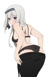 1girls accurate_art_style black_panties black_underwear blue_eyes blush coro_fae female female_only fully_clothed kaguya-sama_wa_kokurasetai_~tensai-tachi_no_renai_zunousen~ looking_at_viewer official_style shirogane_kei solo tagme undressing white_hair