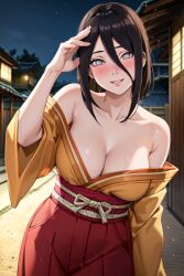 1girls ai_generated bare_shoulders boruto:_naruto_next_generations brown_hair female female_only hyuuga_hanabi jordan53 kimono looking_at_viewer nail_polish naruto naruto_(series) no_bra pinup solo solo_focus stable_diffusion standing voluptuous