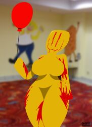 balloon big_breasts blood_on_face blood_stain entity-67_(backrooms) nightmare_waifu ollopit272 partygoer_(the_backrooms) the_backrooms thighs yellow_skin