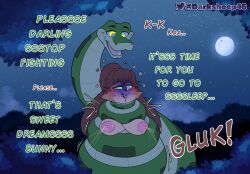 anthro asphyxiation big_breasts brown_hair coiling coils constriction darksheep46 disney female_only furry hypnosis hypnotic_eyes kaa kaa_eyes lactation looking_pleasured milk milk_squirt mind_control naked open_mouth restrained snake strangling text the_jungle_book tongue tongue_out topless