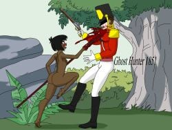 2boys bare_ass bare_back bare_legs bare_shoulders bare_thighs barefoot black_hair blood bubble_ass bubble_butt cartoon_network commentary_request completely_naked completely_nude completely_nude_male dark-skinned_male dark_skin disney disney_channel exhibitionism exhibitionist femboy fight fighting_stance foreskin forest forest_background ghosthunter1851(artist) gore gun guro holding_object holding_spear holding_weapon leg_up male_only medium_hair military military_hat military_uniform mowgli murder naked naked_male outdoor_nudity outdoors pistol round_ass round_butt screaming skin_tight spear stabbed the_jungle_book young younger_male younger_penetrating_older