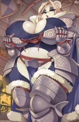 1girls 2023 anthro armor bear belly big_breasts blue_clothing blue_shirt blue_topwear bodily_fluids bottomwear breasts ceiling cleavage clothed clothing curvy_figure eyelashes eyeshadow female female_only gauntlets glistening glistening_body gloves hair half-closed_eyes handwear hi_res huge_breasts inside krokobyaka legwear lips loincloth looking_at_viewer makeup mammal mathilda_snowbriar medieval_armor melee_weapon narrowed_eyes open_mouth original original_character polar_bear shield shirt solo standing steam sweat sword thick_thighs thigh_highs tight_clothing topwear undressing ursine viewed_from_below voluptuous weapon white_body white_hair wide_hips