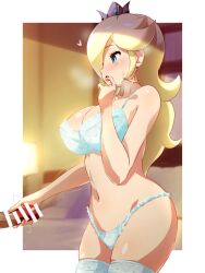 1boy alternate_version_available aqua_bra aqua_eyes aqua_panties aqua_thighhighs bar_censor bare_shoulders blonde_hair bra breasts censored cleavage cowboy_shot crown earrings female finger_to_mouth frilled_bra frills hair_over_one_eye handjob heart highres indoors jewelry konpeto large_breasts long_hair mario_(series) motion_lines navel nintendo open_mouth panties penis princess_rosalina solo_focus steaming_body straight thighhighs tongue tongue_out underwear underwear_only