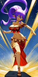 1girls blue_eyes cleavage dark-skinned_female earrings female female_only genie jewelry large_breasts long_legs octopath_traveler pointy_ears pose primrose_azelhart purple_hair revenantart sandals shantae shantae_(character) smile smooth_skin solo