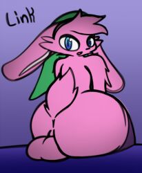 a_link_to_the_past anthro ass balls big_balls big_butt blue_eyes clothing english_text fur furry genitals hat headgear headwear lagomorph legwear leporid link link_(rabbit_form) looking_at_viewer looking_back male mammal nintendo pink_body pink_fur primsylveon rabbit raised_tail simple_background sitting solo tail text the_legend_of_zelda thigh_highs