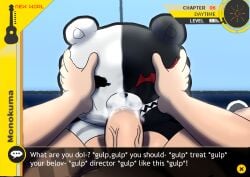 2boys balls bear bear_ears big_penis black_fur blowjob danganronpa dialogue male male_only monokuma nekoni penis red_eyes saliva saliva_on_penis saliva_trail straight_hair text text_box white_fur