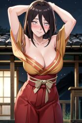 1girls ai_generated bare_shoulders boruto:_naruto_next_generations brown_hair female female_only hyuuga_hanabi jordan53 kimono looking_at_viewer nail_polish naruto naruto_(series) no_bra pinup solo solo_focus stable_diffusion standing voluptuous