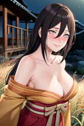 1girls ai_generated bare_shoulders boruto:_naruto_next_generations brown_hair female female_only hyuuga_hanabi jordan53 kimono looking_at_viewer nail_polish naruto naruto_(series) no_bra pinup solo solo_focus stable_diffusion standing voluptuous