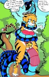 anthro asphyxiation bells big_breasts coiling coils constriction furry hypnofood hypnosis hypnotic_eyes restrained snake strangling tiger tiger_girl