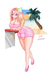 1futa 2d animated beach bent_over big_breasts big_penis blonde_hair blue_eyes bottomless breasts clothed clothing dress erection futa_only futanari gif gyaru hi_res highres human large_breasts latex light light-skinned_futanari light_skin long_hair mostly_clothed non-web_source original penis pink_hair pixel_art sircocky solo standing thick_thighs thighs two_tone_hair vacation