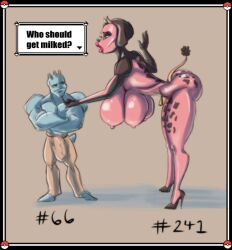 4_breasts big_breasts bimbo blue_eyes breasts bubble_butt bulge_through_clothing cowbell heeled_feet high_heels ivoryjyz machop milli_the_miltank miltank multi_breast navel_piercing penis_bulge penis_under_clothes pokémon_(species) pokemon shiny_skin shorter_male size_difference spots_(marking) tail taller_female