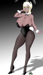 big_breasts black_legwear blonde_hair bunny_ears bunnysuit dark-skinned_female dark_skin female green_eyes green_lipstick high_heels huge_breasts milf noir-black-shooter oc original original_character satori_douji_(noir-black-shooter)