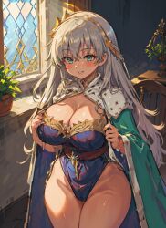 1girls ai_generated anastasia_(fate) anastasia_nikolaevna blue_eyes cape cleavage crown fate/grand_order fate_(series) hair_ornament hi_res jewelry large_breasts leotard mabi_ai robe white_hair