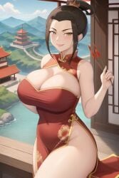 1girls ai_generated avatar_legends avatar_the_last_airbender azula background brown_hair chinese_dress female female_only fire_nation huge_breasts mommy nickelodeon smiling solo thick_thighs unartist